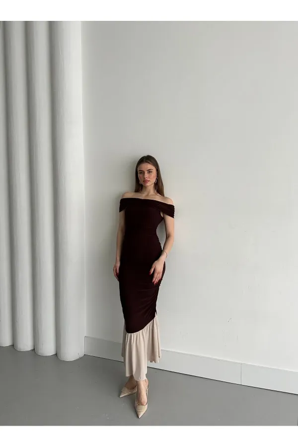 Kahverengi Kayık Yaka Fırfırlı Elbise - 4798