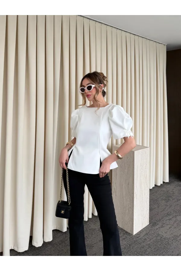 Off-White Blouse with Pearl Bow Detail on Sleeves - 5001