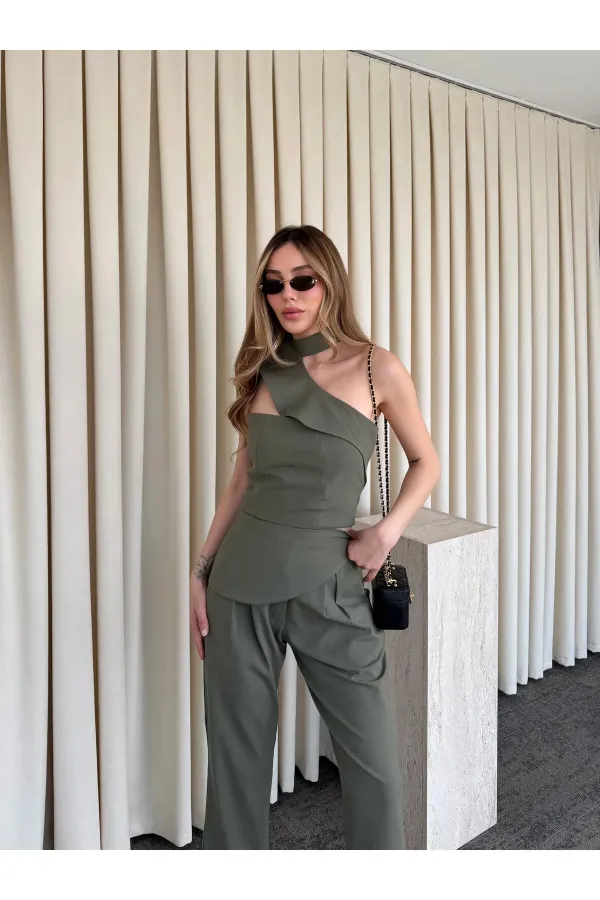 Haki Tek Omuz Tasarım Yaka Bluz Pantolon Takım - 8003