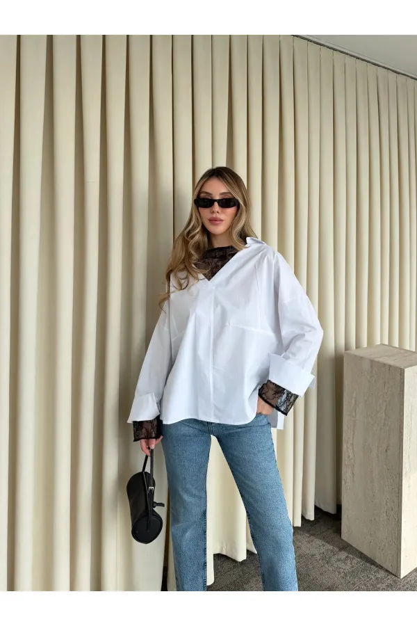 Beyaz İçi Dantelli Gömlek - 0826