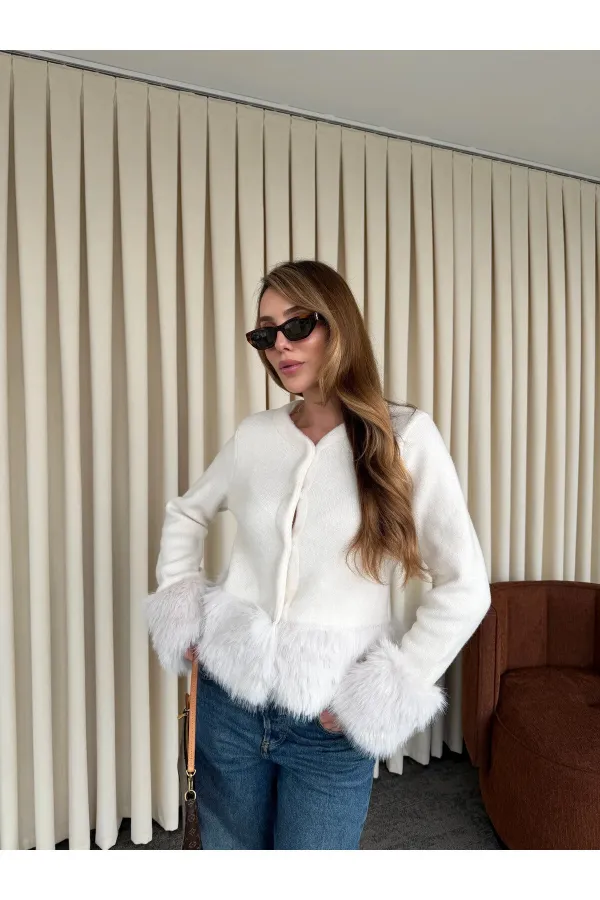 Ekru Kolları Kürklü Hırka - 251104