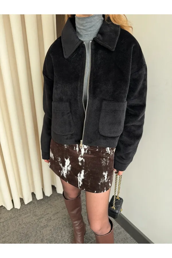 Siyah Fermuarlı Süet Ceket - 00664