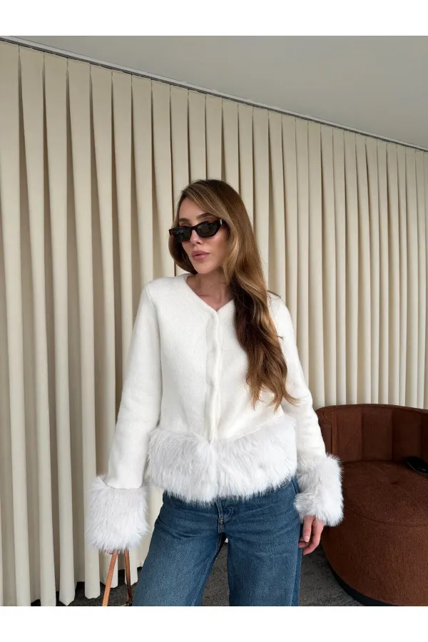 Ekru Kolları Kürklü Hırka - 251104