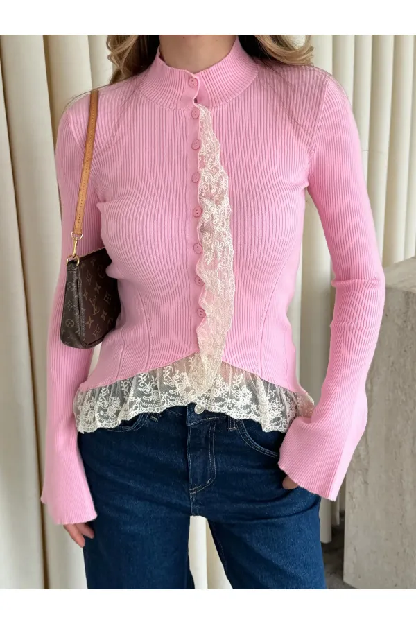 Pembe Dantel Detaylı Tasarım Hırka - TH261017