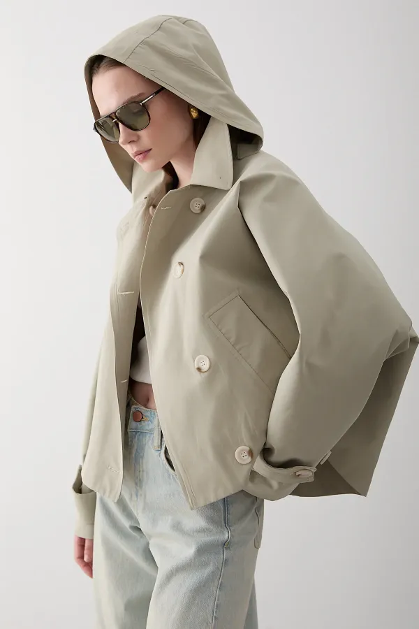 Mint Kapüşonlu Kısa Trençkot - 7003