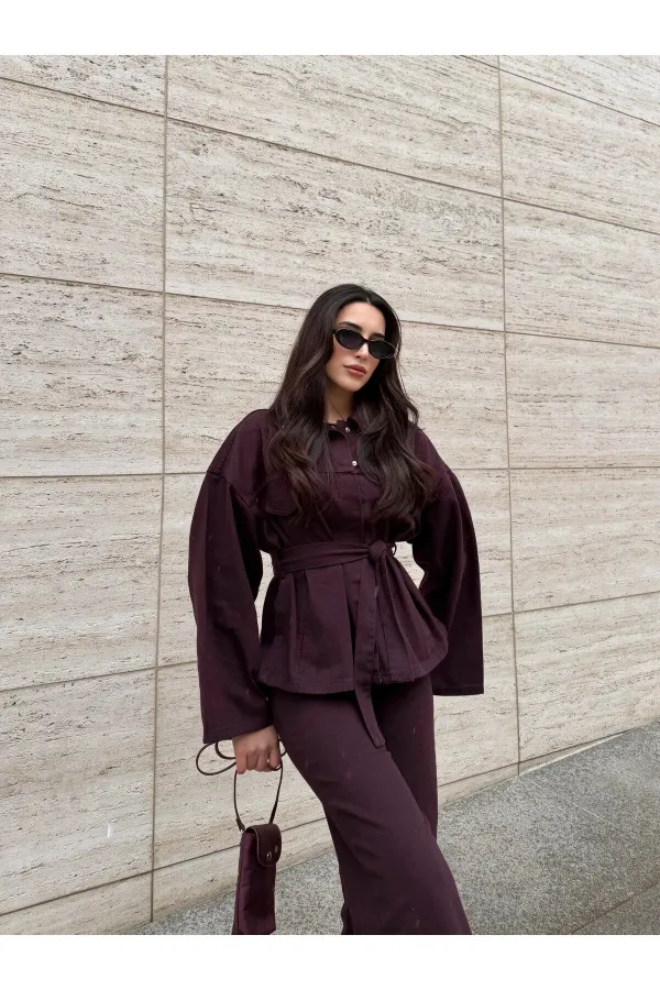 Mürdüm Bağlamalı Denim Ceket Pantolon Takım