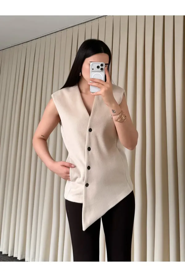 Bej Venedik Çapraz Düğmeli Yelek