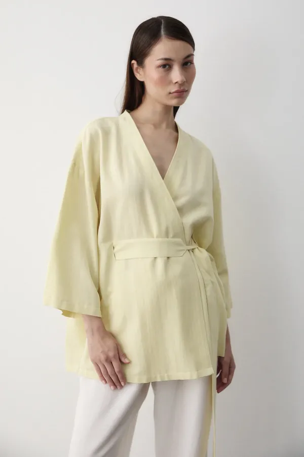 Sarı Iç Kemerli Fakir Kol Kimono - 5383