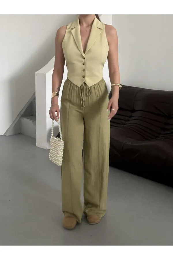 Khaki 100% Linen Palazzo Trousers Khaki 100% Linen Palazzo Trousers