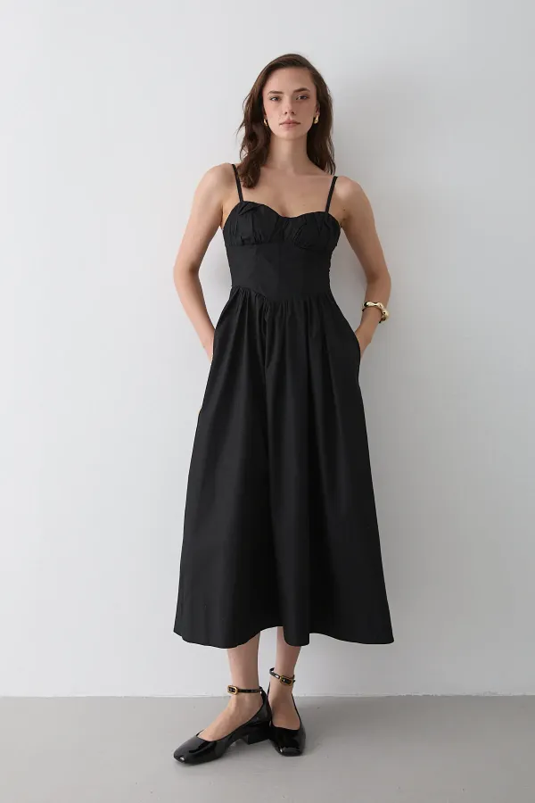 Siyah Bel Detaylı Poplin Elbise - 2001