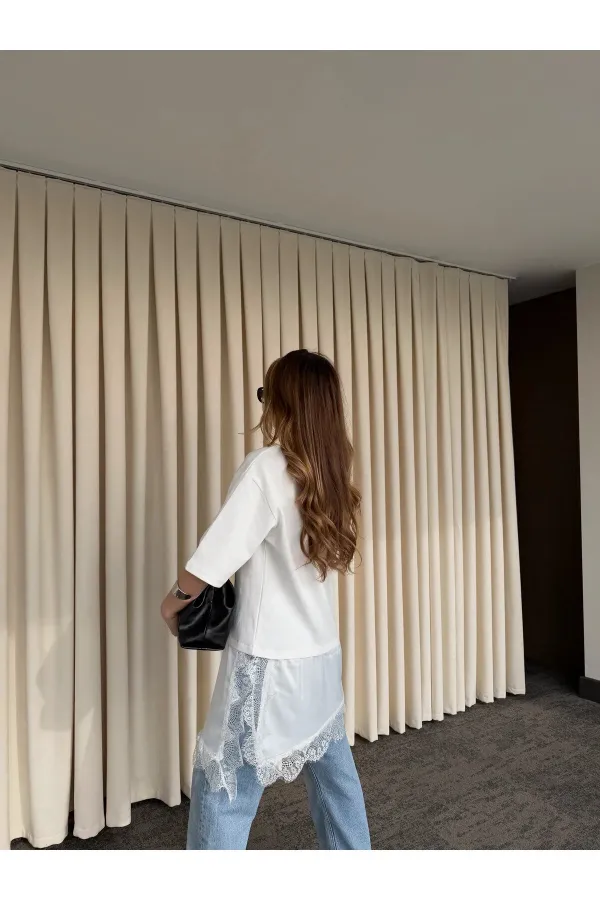 Beyaz Asimetrik Dantelli Bluz - 0771