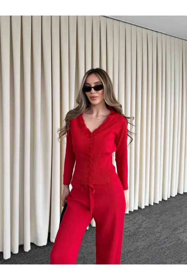 Red Lace Two-Piece Knit Set - 2602