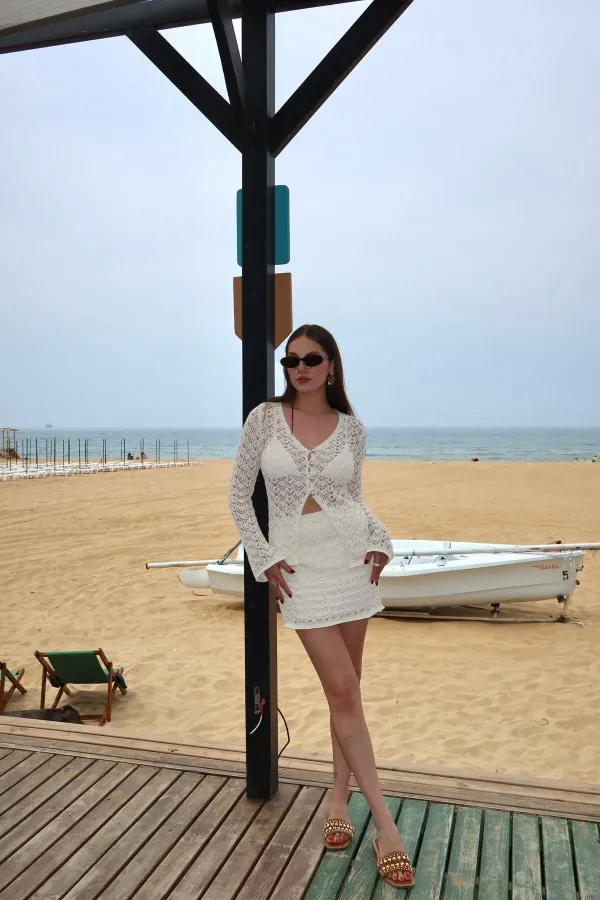 Ensemble cardigan et jupe écru à boutons nacrés - 7221