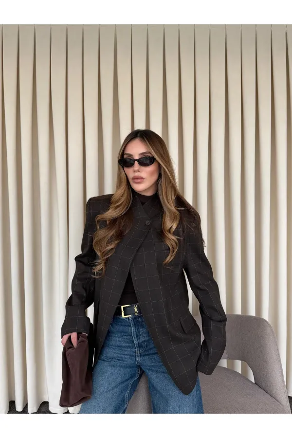 Kahverengi Hakim Yaka Ekose Ceket - 4103