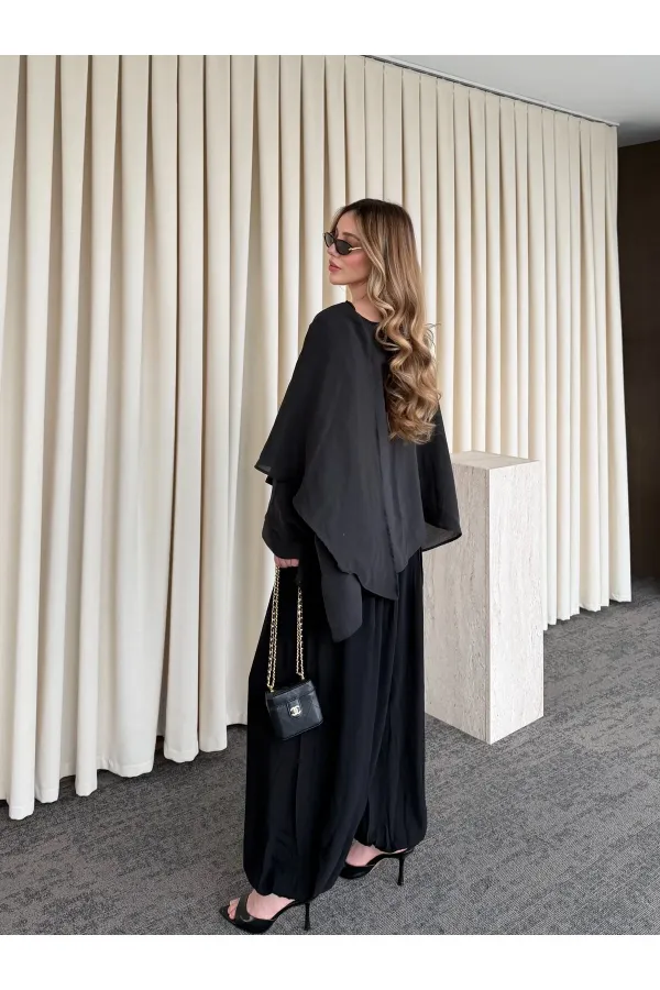Siyah Uçuşan Pelerin Panço - 0901