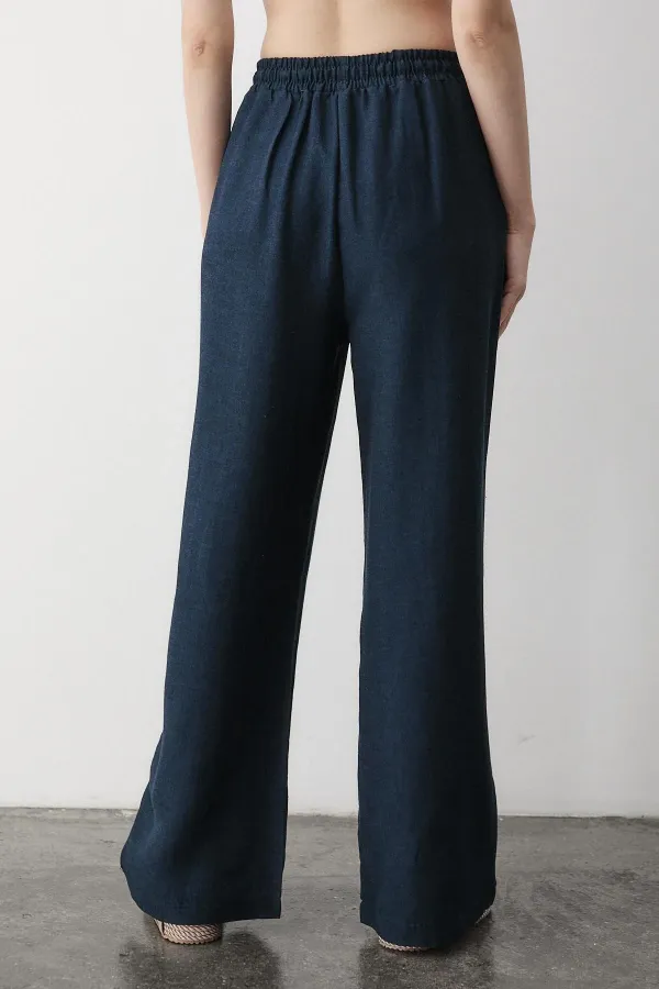 Navy Blue Wide Leg Trousers with Elastic Waistband