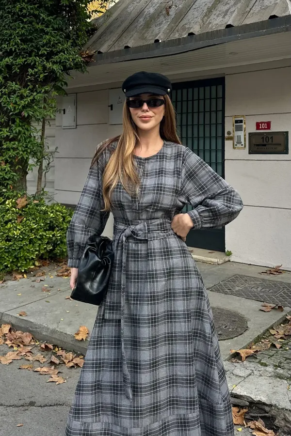 Grey Plaid Belted Long Dress - 1235 Grey Plaid Belted Long Dress - 1235