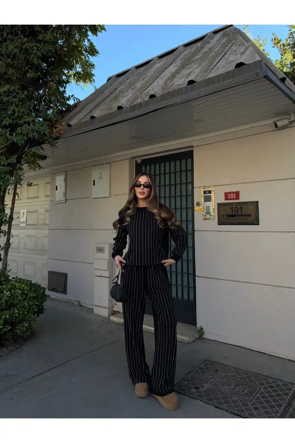 Siyah Taşlı Bluz Pantolon Takım - 0766