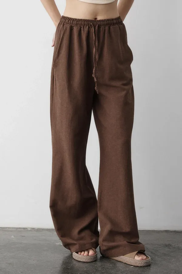 Pantalon marron en coton et lin avec taille élastique