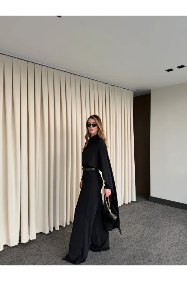 Siyah Kemerli Şal Yaka Gömlek Pantolon Takım - 8004