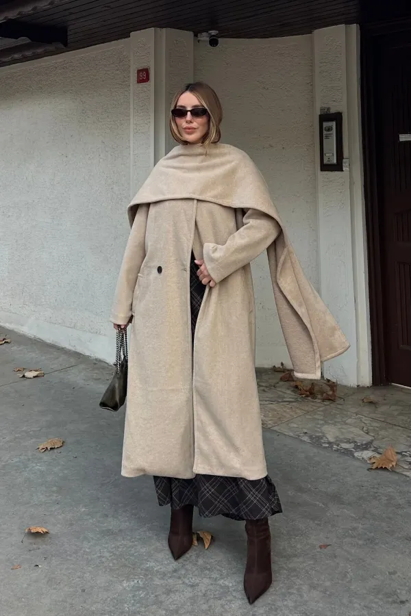 Bej Atkı Detaylı Uzun Kaban - 85163