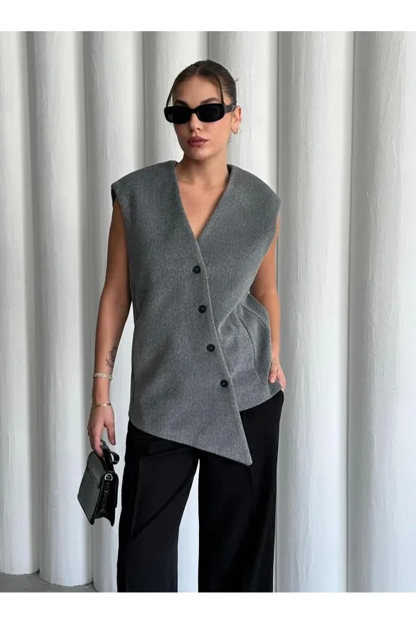 Gri Venedik Çapraz Düğmeli Yelek