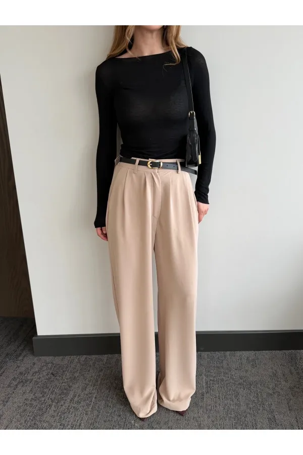 Bej Kemerli Bol Paça Pantolon - 301