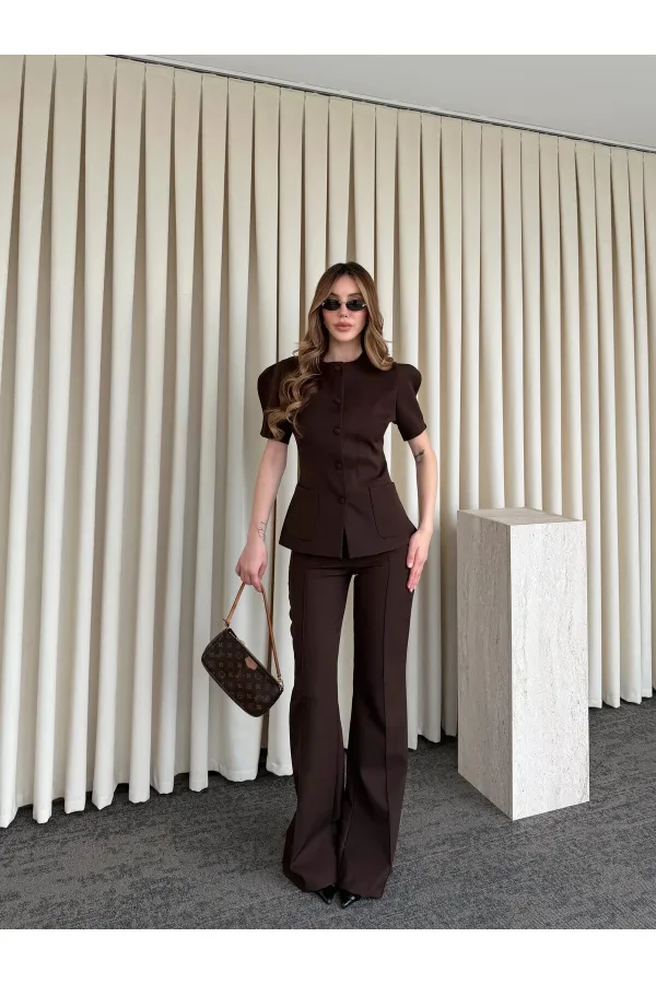Kahverengi Balon Kol Düğmeli Ceket Pantolon Takım - 0440