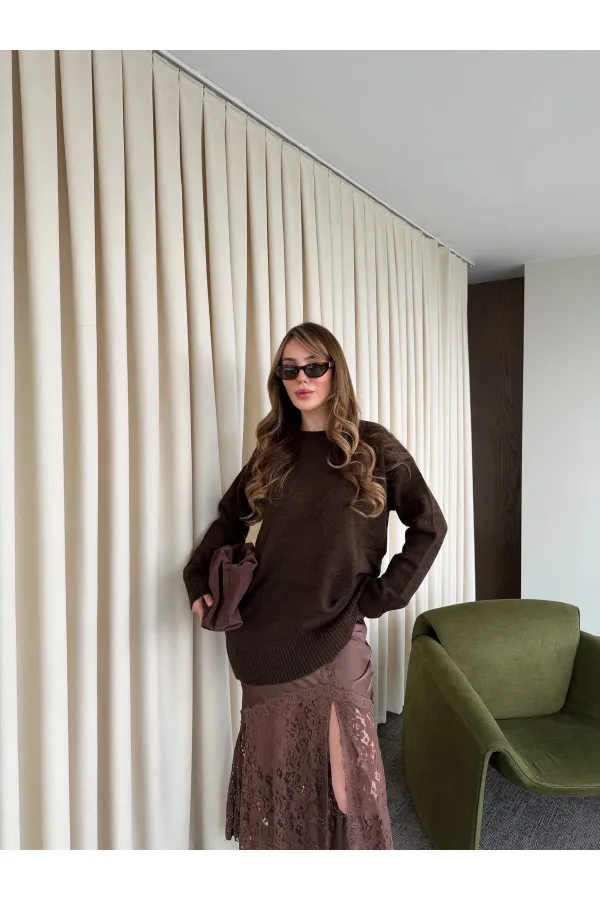 Kahverengi Saten Dantelli Etek - 37206