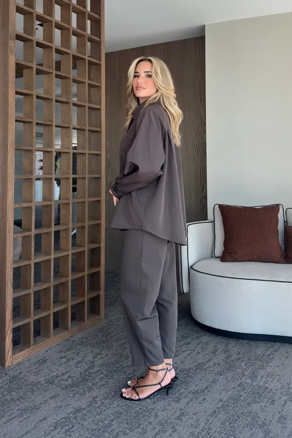 Ensemble chemise et pantalon marron Merlin avec ceinture - 8453