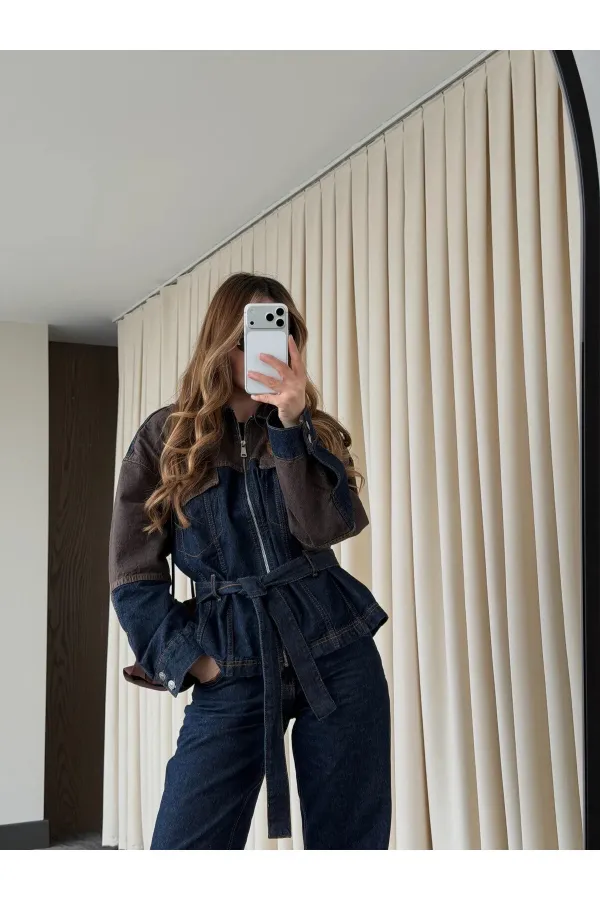 Lacivert - Kahve Bağlamalı Ceket Pantolon Denim Takım - 0836