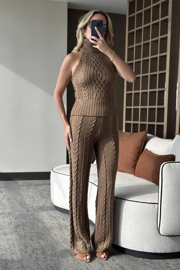 Ensemble chemisier sans manches et pantalon couleur café au lait - 3009