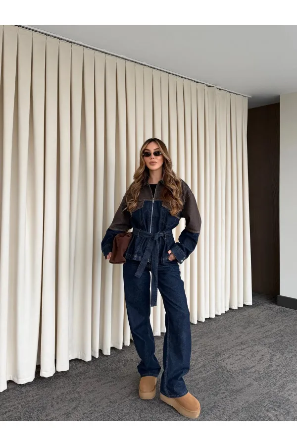 Lacivert - Kahve Bağlamalı Ceket Pantolon Denim Takım - 0836