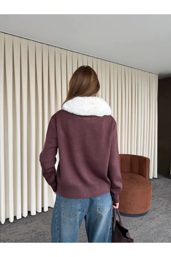Bordo Yakası Kürklü Hırka - 261002