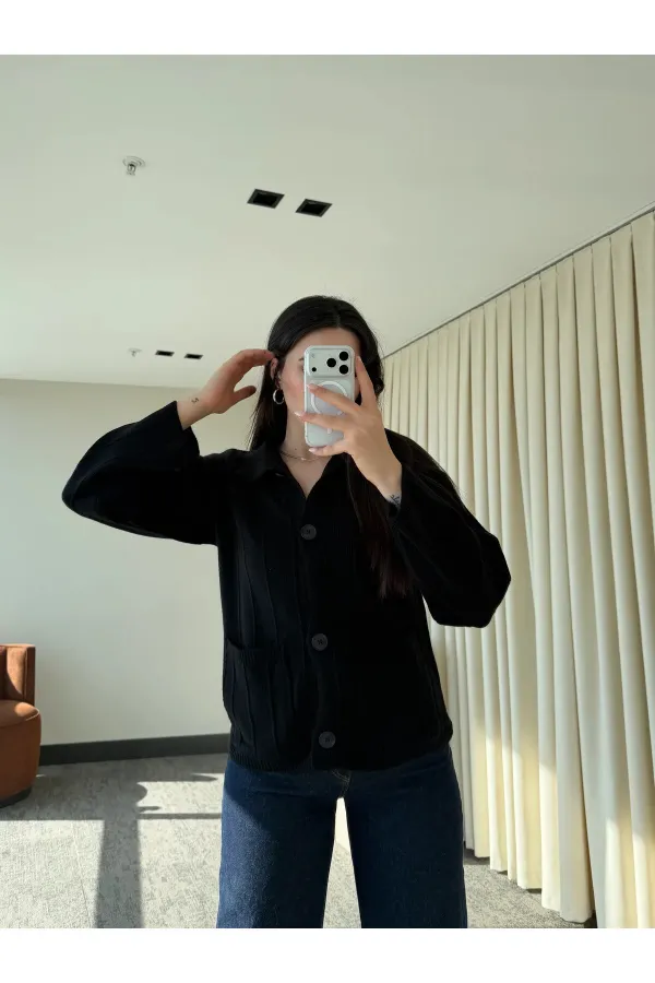 Siyah Büyük Cepli Hırka - 9011