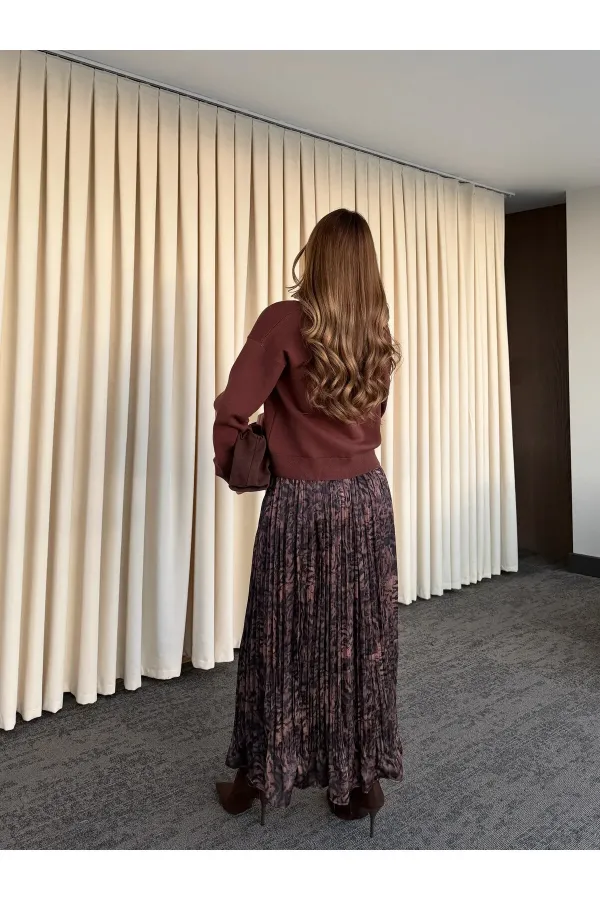 Kahverengi Piliseli Beli Lastikli Kemerli Etek - 3375