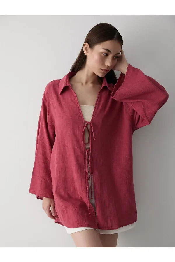 Kimono bordeaux 100 % coton et lin avec détails en dentelle