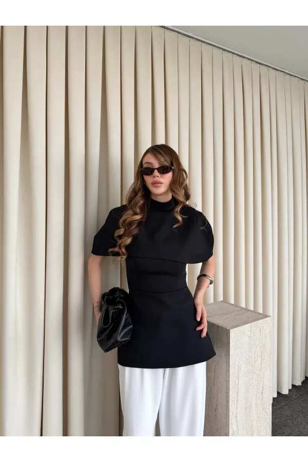 Siyah Pelerinli Straplez Bluz - 1101