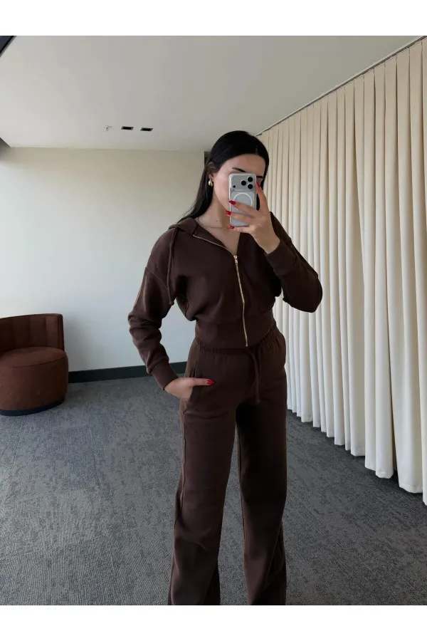 Kahverengi %100 Pamuk Kapüşonlu Fitilli Takım - 51232