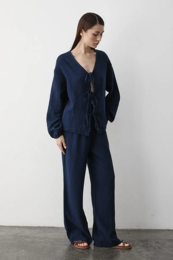 Navy Blue 100% Cotton Tie-Up Blouse and Pants Set