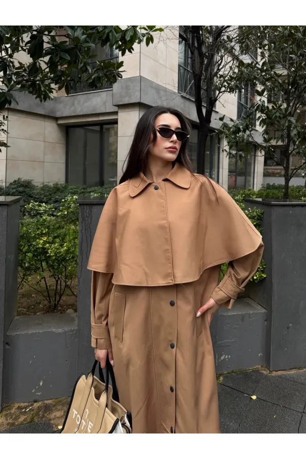 Camel Çıkarılabilir Kapüşon Detaylı Pelerinli Trençkot - 85179