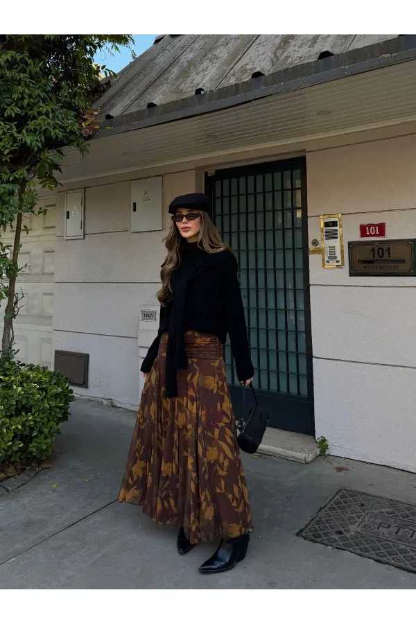 Haki - Sarı Yaprak Desenli Etek - 251101