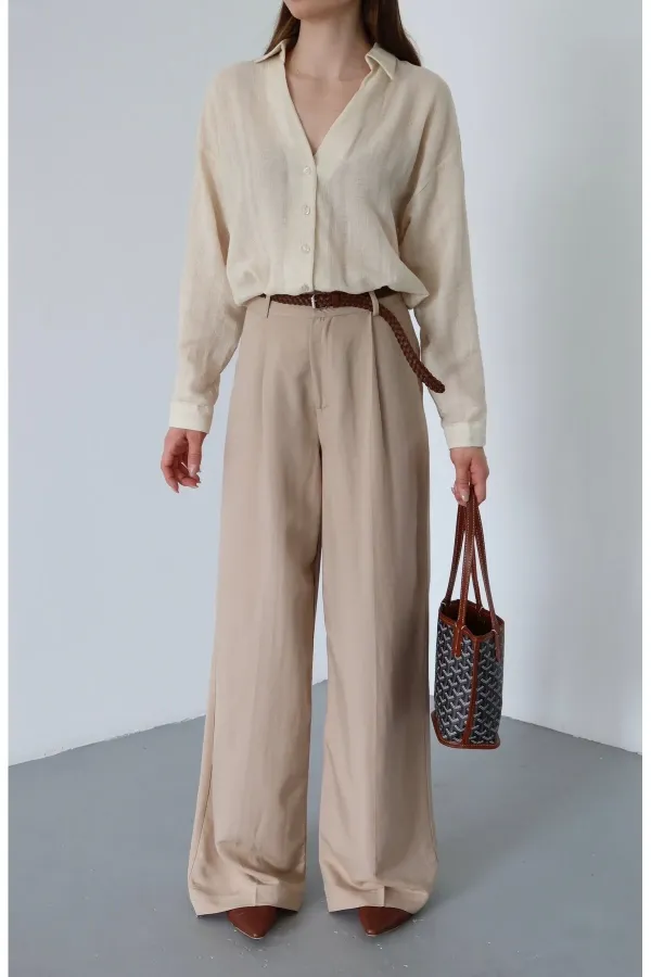 Pantalon beige en maille avec ceinture - 51150