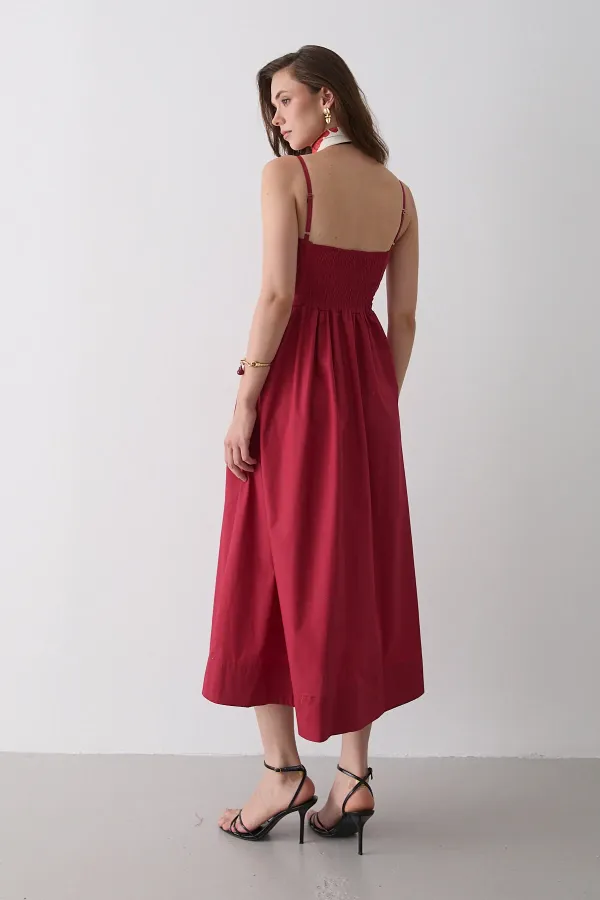 Kırmızı Bel Detaylı Poplin Elbise - 2001