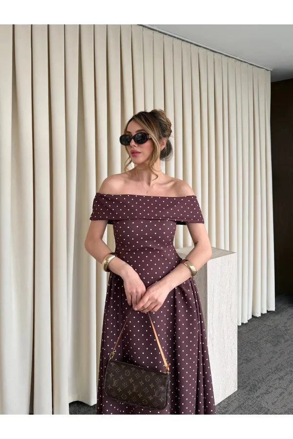 Robe midi marron à pois Madonna Neck - 00888