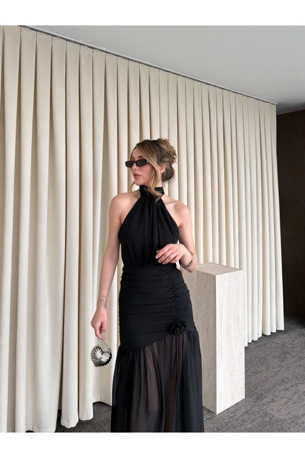 Siyah Gül Detaylı Şifon Elbise - 2485