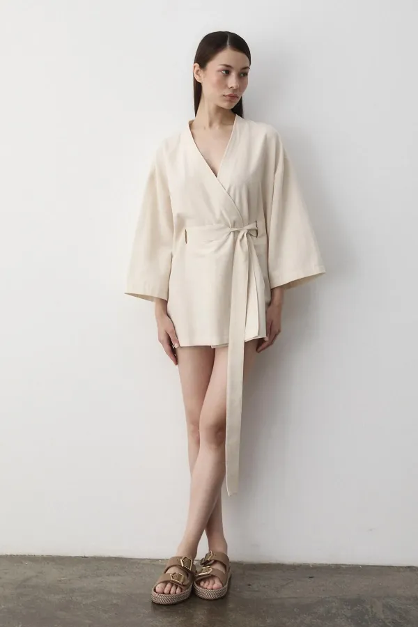 Natural Yarım Kol İçten Kemerli Kimono - 5383