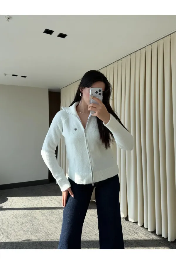 Ekru Balıkçı Yaka Çift Fermuarlı Hırka - 251108