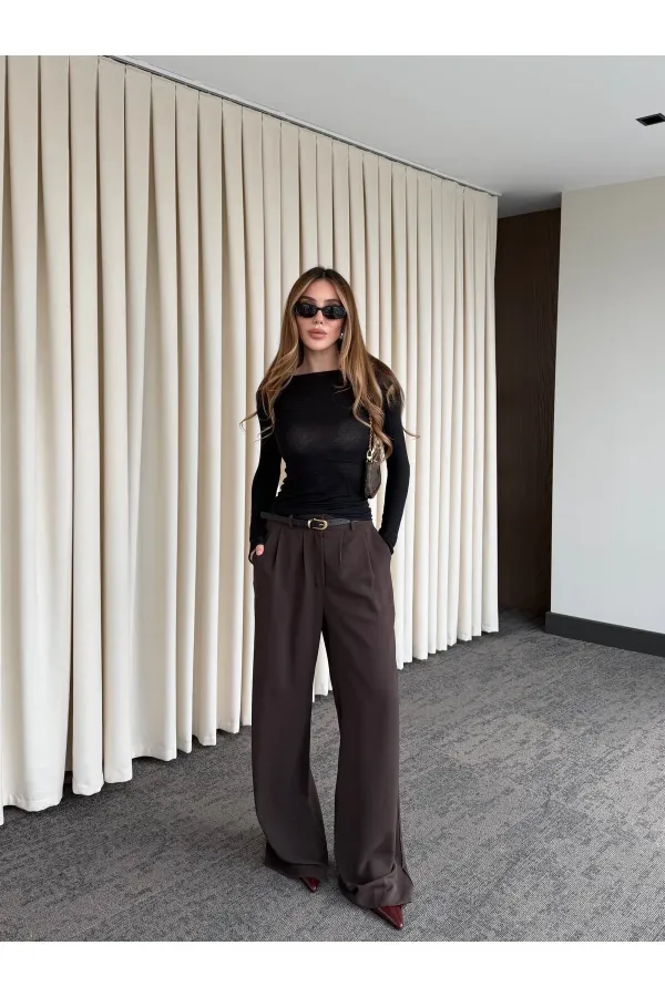 Kahverengi Kemerli Bol Paça Pantolon - 301