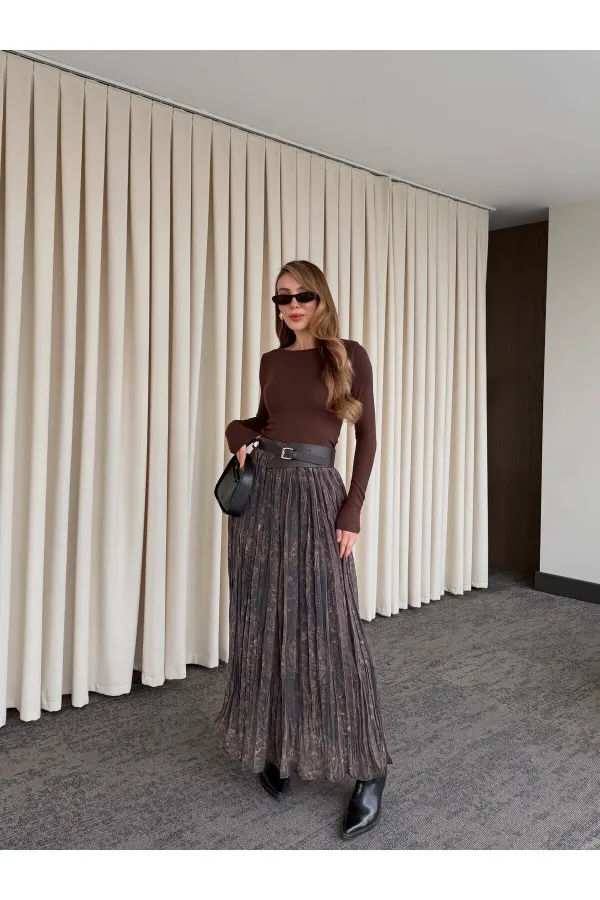 Kahverengi Beli Lastikli Kemerli Baskılı Etek - 3374